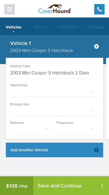 CoverHound mobile app vehicle input form